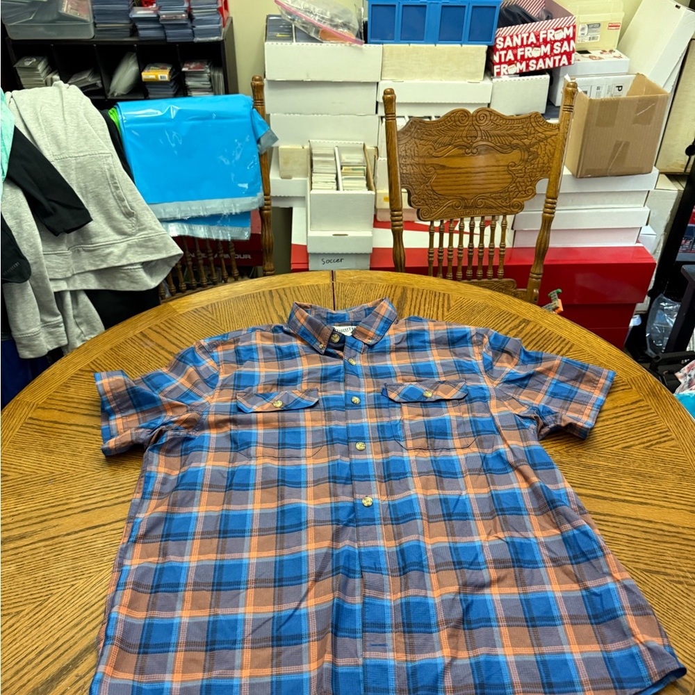 Duluth Trading Co Blue and Orange Performance Checkered Men's Shirt